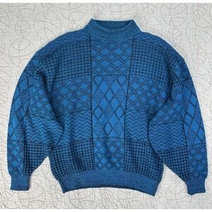 Vintage Todays News Sweater Mens Large Blue Black Crewneck Knit Abstract 90s